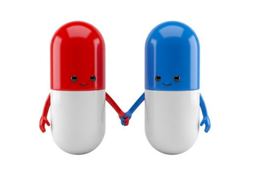 Happy Pill Partners: Adorable Red and Blue Medicine Capsules Holding Hands on White