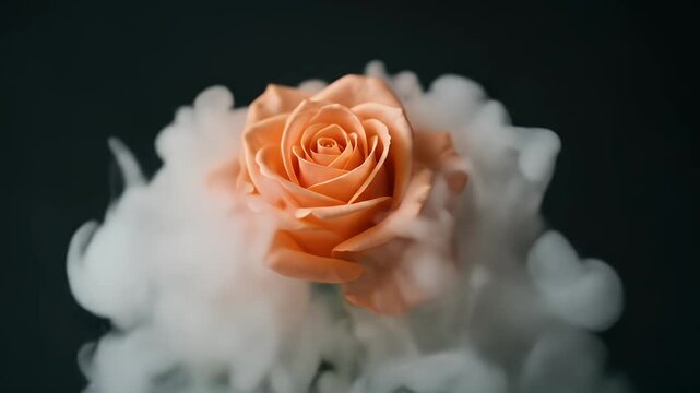 Beautiful peach-colored rose elegantly enveloped by ethereal, swirling white smoke, creating a dreamy and artistic visual of floral beauty, perfect for various creative projects.