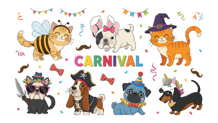 Fototapeta premium Carnival of Cuteness: An enchanting collection of playful animals, each dressed in a whimsical costume, bringing the festive spirit of carnival to life.