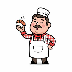 Cartoon Chef with Plaid Shirt Holding a Sausage with a Surprised Expression.