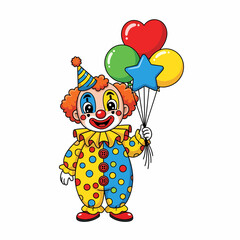 Cartoon Clown with Colorful Balloons Heart Star and Round Shapes.