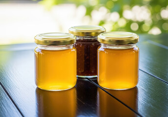Three jars of honey and preserves on a dark wooden surface