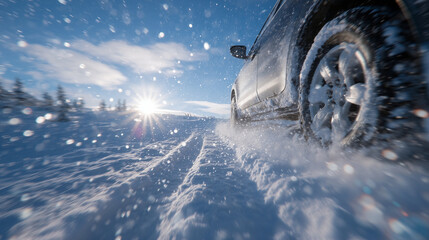 Close-up of tire partially submerged in soft snow, snow compressed under tread, sunlight glinting on icy crystals, emphasizing motion and journey