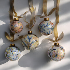 Five round Christmas ornaments with painted floral designs are suspended against a white surface. Each has a thin gold ribbon attached and creates a festive holiday scene