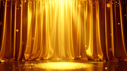 Golden silk stage curtain shimmering glossy under spotlight with falling confetti symbolizing prosperity achievement and celebration 

