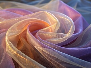 Shimmering translucent fabric creates a flowing, colorful wave pattern, revealing a beautiful gradient of pink, purple, and light gold hues.