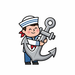 Smiling Cartoon Sailor Boy Hugging a Large Silver Anchor with Red Neck Scarf.