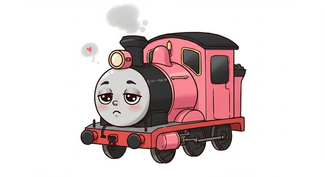 Peque&ntilde;a locomotora rosa con ojos tristes y somnolientos vapor suave personaje de caricatura agotado fondo blanco