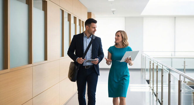 Business Colleagues Walking and Talking in Modern Office Corridor with Laptop and Tablet