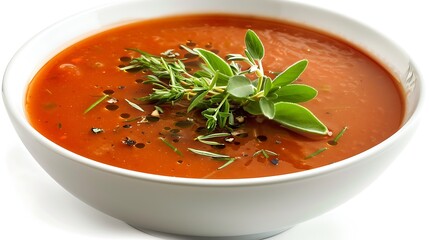 A bowl of tomato soup garnished with fresh herbs on a white background in a close up shot