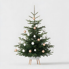 A green Christmas tree stands against a white background. It is decorated with white and gold ball ornaments. The tree is in a white pot with natural wood legs