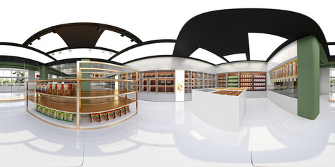 360 degree view of supermarket store, 3d render