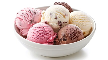 A bowl filled with multiple scoops of ice cream in various flavors on a white background studio shot