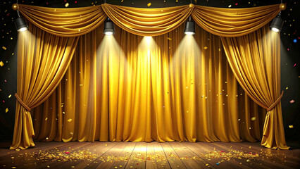 Golden silk stage curtain shimmering glossy under spotlight with falling confetti symbolizing prosperity achievement and celebration 
