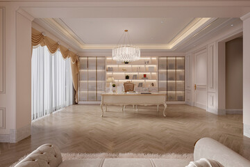 3D Render of Luxury Neo-Classical Hotel Room, Bedroom