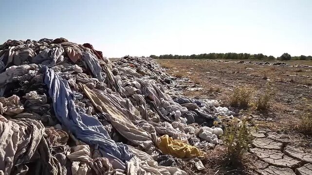 Massive piles of discarded clothing and textile waste sprawled across a dry cracked desert landscape symbolizing global environmental pollution and fast fashion