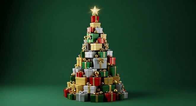 Creative christmas tree made of gifts festive holiday decoration stacked presents