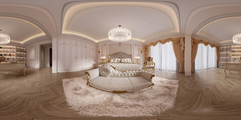 3D Render of Luxury Neo-Classical Hotel Room, Bedroom