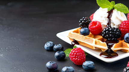 Indulge in a decadent waffle piled high with fresh berries, luscious whipped cream, and rich chocolate drizzle, a perfect morning treat.