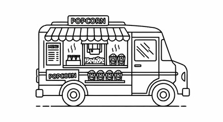 Vibrant popcorn food truck illustration ready to serve delicious snacks at any event, creating instant joy and excitement for customers seeking treats.