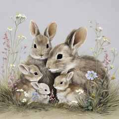 A group of five adorable bunnies nestle together among blooming wildflowers and tall grass. It appears to be a painting or digital artwork