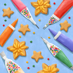 Star shaped cookies and decorating tubes filled with sprinkles are arranged on a light blue surface. Some small colorful sprinkles are scattered around