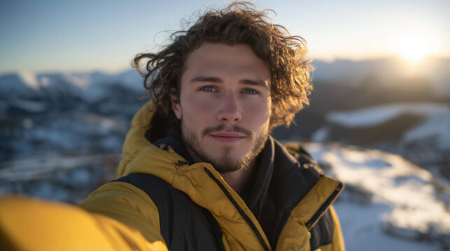 Man in yellow puffer jacket taking selfie atop snow-covered peak, winter sun casting warm glow on face, mountain panorama extending behind, copy space in sky area