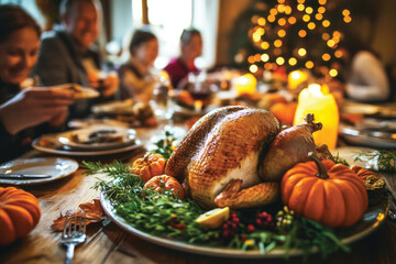 Thanksgiving festive dinner with turkey on the table, decorated with autumn pumpkins and happy people eating and celebrating holiday together 