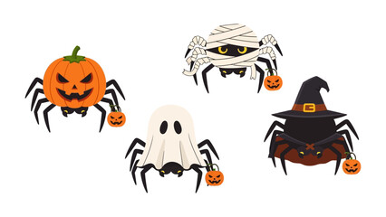 Halloween Spiders Set: A set of four playful halloween spiders dressed in holiday costumes, each holding a mini pumpkin, bring a whimsical and spooky charm to this holiday illustration.