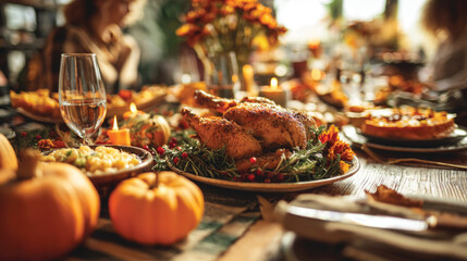Thanksgiving festive dinner with turkey on the table, decorated with autumn pumpkins and happy people eating and celebrating holiday together 