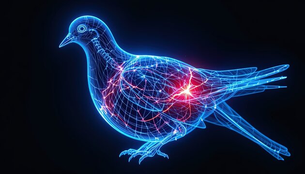 Futuristic glowing bird design offers a modern, high-tech aesthetic for science or technology brands with cutting-edge appeal, featuring vibrant neon colors