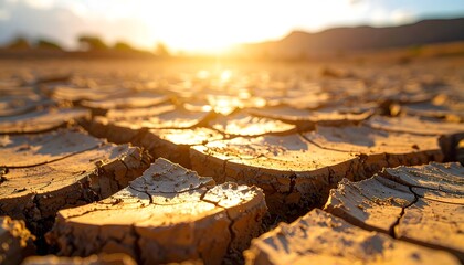 Close-up captures parched earth with deep cracks under a blazing sun, creating a dramatic visual of aridity and environmental concern