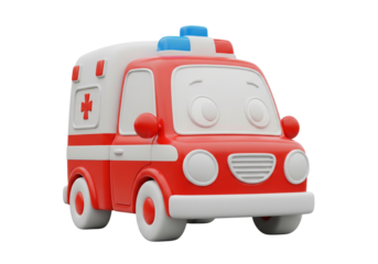 Cute 3D Cartoon Ambulance Character - Friendly Red and White Emergency Medical Vehicle Isolated on White