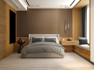 3D Render of Modern Bedroom, Hotel Room