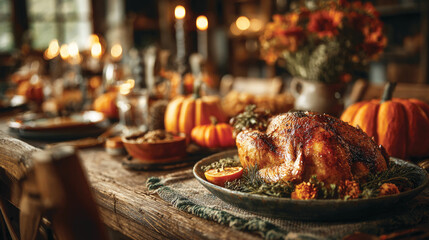 Thanksgiving festive dinner with turkey on the table, decorated with autumn pumpkins and happy people eating and celebrating holiday together 