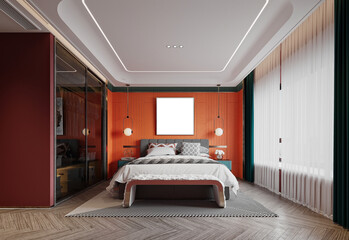 3D Render of Modern Bedroom, Hotel Room