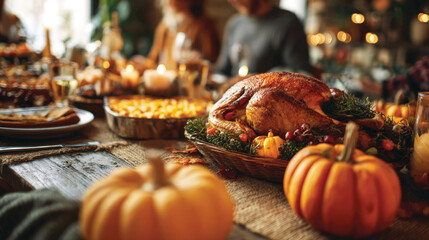 Thanksgiving festive dinner with turkey on the table, decorated with autumn pumpkins and happy people eating and celebrating holiday together 