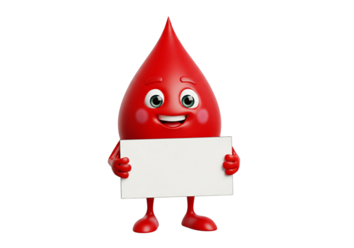 Cheerful 3D Red Blood Drop Mascot Holding Blank White Sign - Health, Donation & Medical Awareness Concept