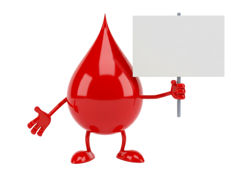 3D Blood Drop Character Holding Blank Sign - Medical Awareness and Donation Concept with Copy Space - Powered by Adobe