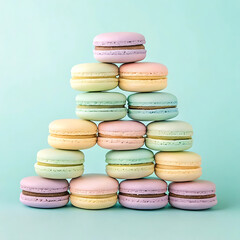 Fototapeta premium Pastel colored macarons stacked in a pyramid shape against a light blue background
