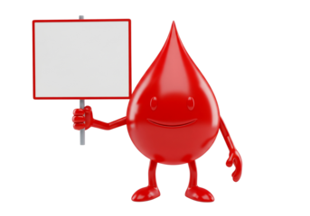 Friendly Red Blood Drop Character Holding Blank Sign for Your Message, Health, or Donation Information