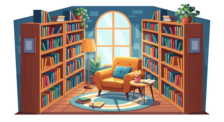 Cozy armchair and side table in a library setting.