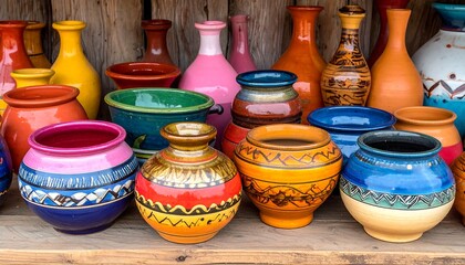 Colorful handcrafted pottery displayed on wooden shelves