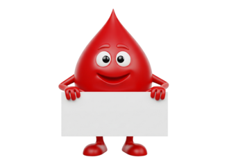 Friendly 3D Red Blood Drop Character Holding Blank White Sign - Health Message & Awareness Placeholder