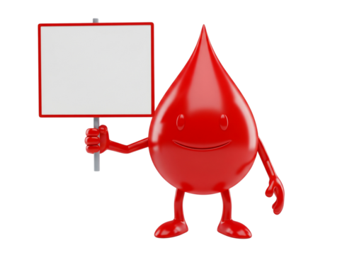 Friendly Red Blood Drop Character Holding Blank Sign for Your Message, Health, or Donation Information