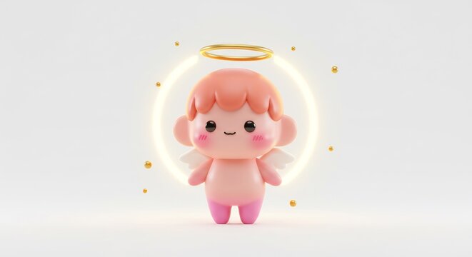 Adorable angelito 3D rosado sonr&iacute;e con un halo brillante y un aura dorada que ilumina el entorno
