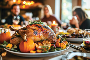 Thanksgiving festive dinner with turkey on the table, decorated with autumn pumpkins and happy people eating and celebrating holiday together 