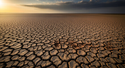 Cracked earth stretches to the horizon under a dramatic sky, highlighting the effects of drought and aridity.
