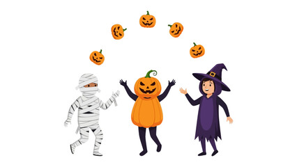 Halloween Costume Fun: A trio of costumed figures, embodying a mummy, a pumpkin, and a witch, revel in the spooky spirit of Halloween amidst a playful juggling act with jack-o'-lanterns.