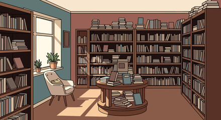 Cozy armchair bathed in sunlight next to a window in a library.